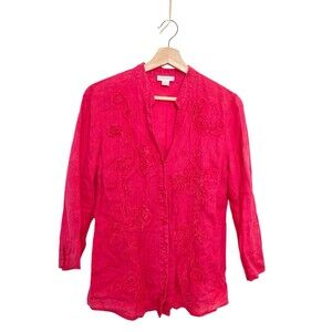Charter Club Pink Linen Tape Ribbon Appliques Womens V-neck Shirt Blouse Size 10